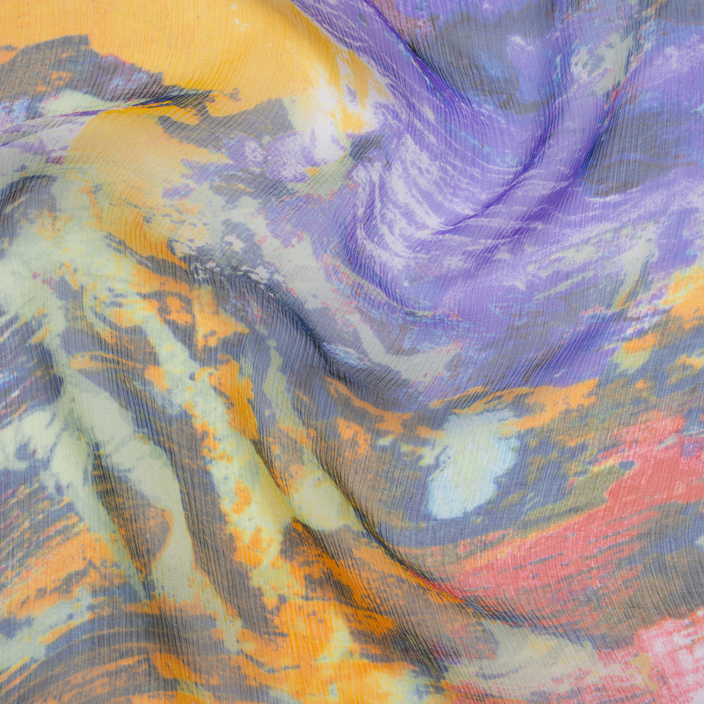 Crinkled Silk Chiffon Print - Purple, Dark Blue and Orangy Yellow Painterly Abstract - Deadstock Crinkled Silk Chiffon Print - Purple, Dark Blue and Orangy Yellow Painterly Abstract - Deadstock