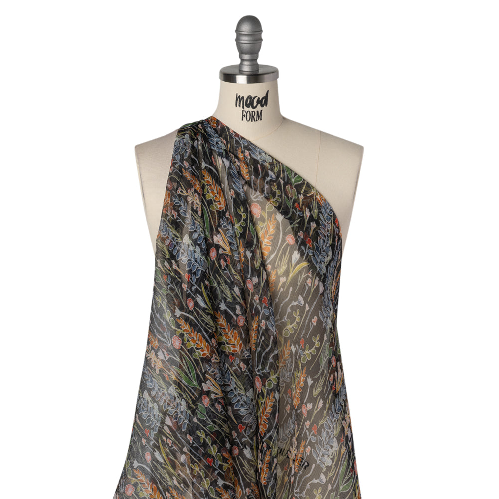 Crinkled Silk Chiffon Print - Blue, Green and Black Plant Cutting Collection - Deadstock - Drape Crinkled Silk Chiffon Print - Blue, Green and Black Plant Cutting Collection - Deadstock - Drape