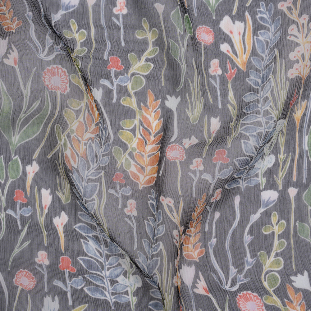Crinkled Silk Chiffon Print - Blue, Green and Black Plant Cutting Collection - Deadstock Crinkled Silk Chiffon Print - Blue, Green and Black Plant Cutting Collection - Deadstock