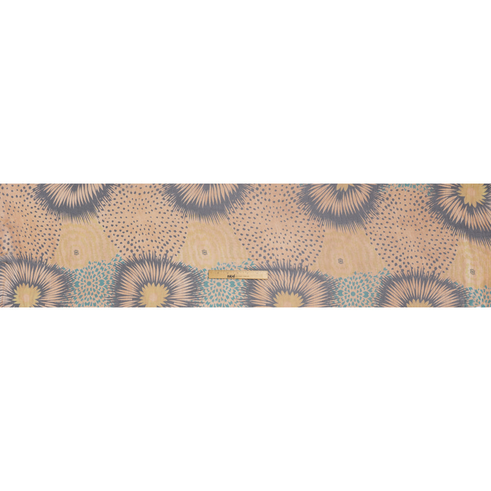 Crinkled Silk Chiffon Print - Warm Beige, Dark Brown and Turquoise Geometric Spots and Flowers - Deadstock - Full Crinkled Silk Chiffon Print - Warm Beige, Dark Brown and Turquoise Geometric Spots and Flowers - Deadstock - Full