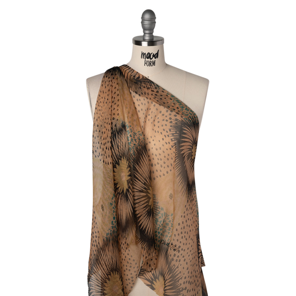 Crinkled Silk Chiffon Print - Warm Beige, Dark Brown and Turquoise Geometric Spots and Flowers - Deadstock - Drape Crinkled Silk Chiffon Print - Warm Beige, Dark Brown and Turquoise Geometric Spots and Flowers - Deadstock - Drape