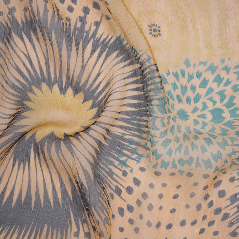 Crinkled Silk Chiffon Print - Warm Beige, Dark Brown and Turquoise Geometric Spots and Flowers - Deadstock Crinkled Silk Chiffon Print - Warm Beige, Dark Brown and Turquoise Geometric Spots and Flowers - Deadstock
