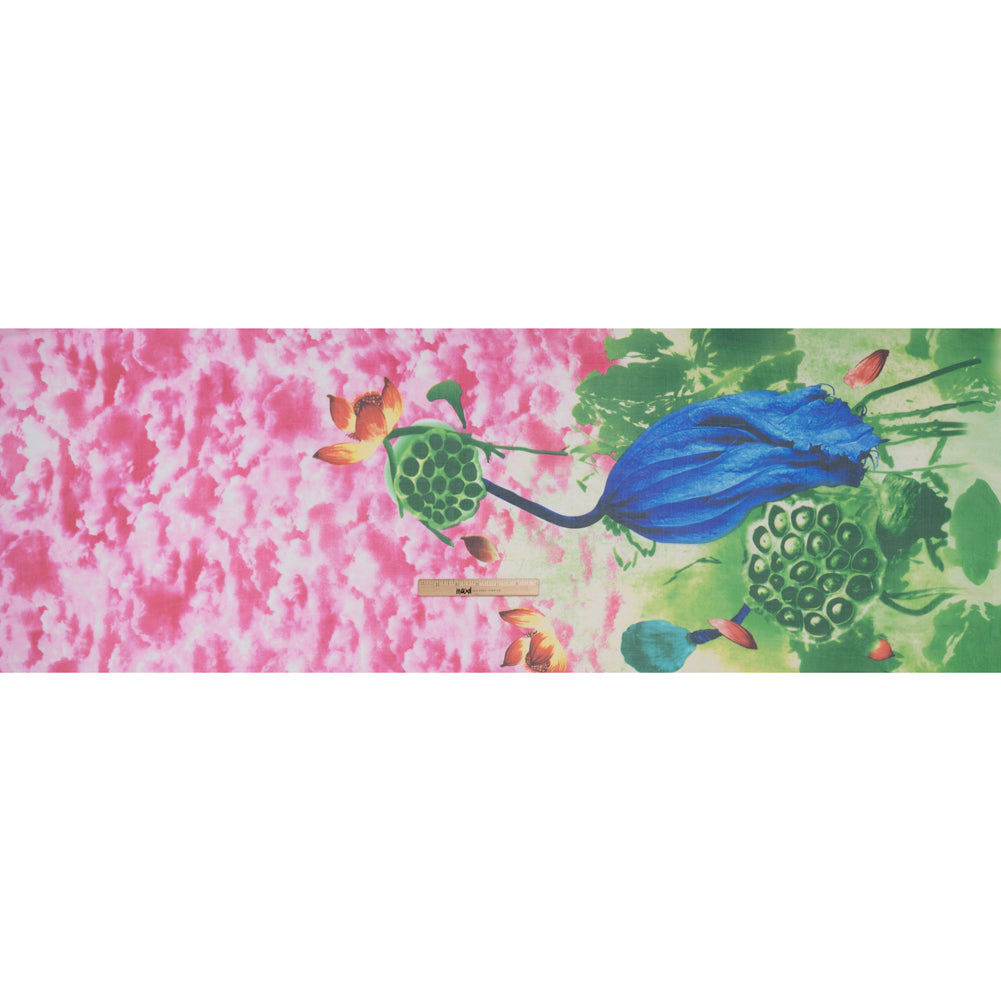Silk Voile Print - Lime Green, Cobalt Blue and Hot Pink Floral Border and Cloudy Sky - Deadstock - Full Silk Voile Print - Lime Green, Cobalt Blue and Hot Pink Floral Border and Cloudy Sky - Deadstock - Full