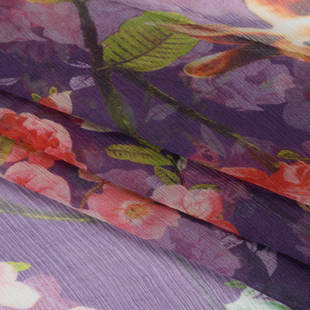 Crinkled Silk Chiffon Print - Purple, Pink and Beige Florals with Owls, Squirrels and Rabbits - Deadstock Crinkled Silk Chiffon Print - Purple, Pink and Beige Florals with Owls, Squirrels and Rabbits - Deadstock
