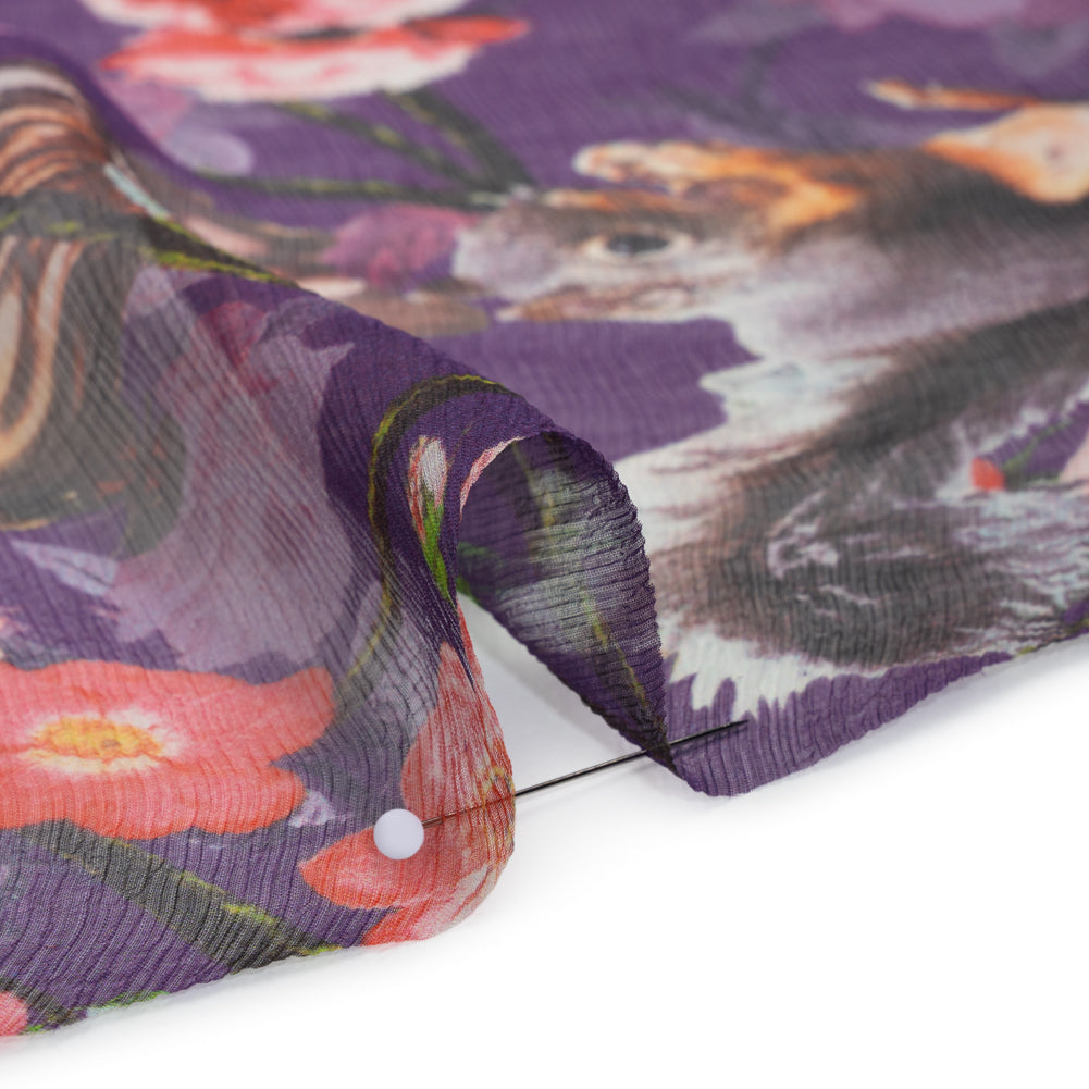 Crinkled Silk Chiffon Print - Purple, Pink and Beige Florals with Owls, Squirrels and Rabbits - Deadstock Crinkled Silk Chiffon Print - Purple, Pink and Beige Florals with Owls, Squirrels and Rabbits - Deadstock