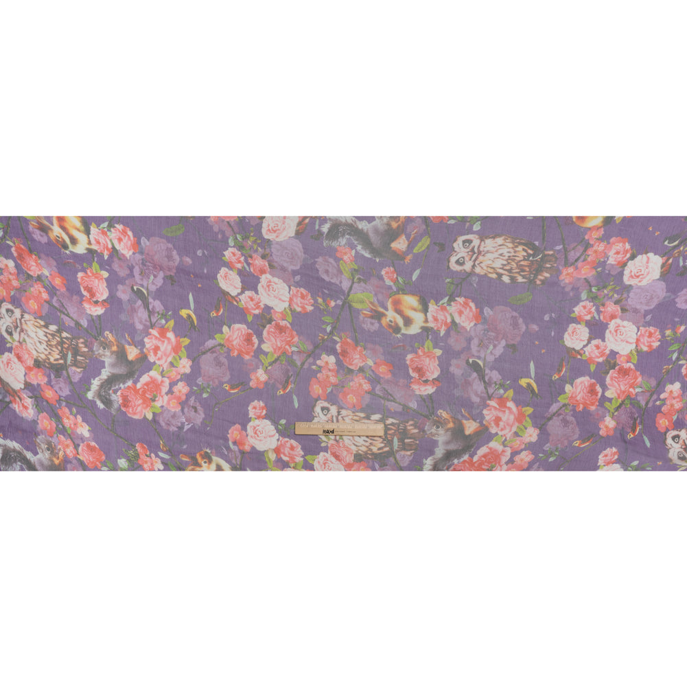 Crinkled Silk Chiffon Print - Purple, Pink and Beige Florals with Owls, Squirrels and Rabbits - Deadstock Crinkled Silk Chiffon Print - Purple, Pink and Beige Florals with Owls, Squirrels and Rabbits - Deadstock