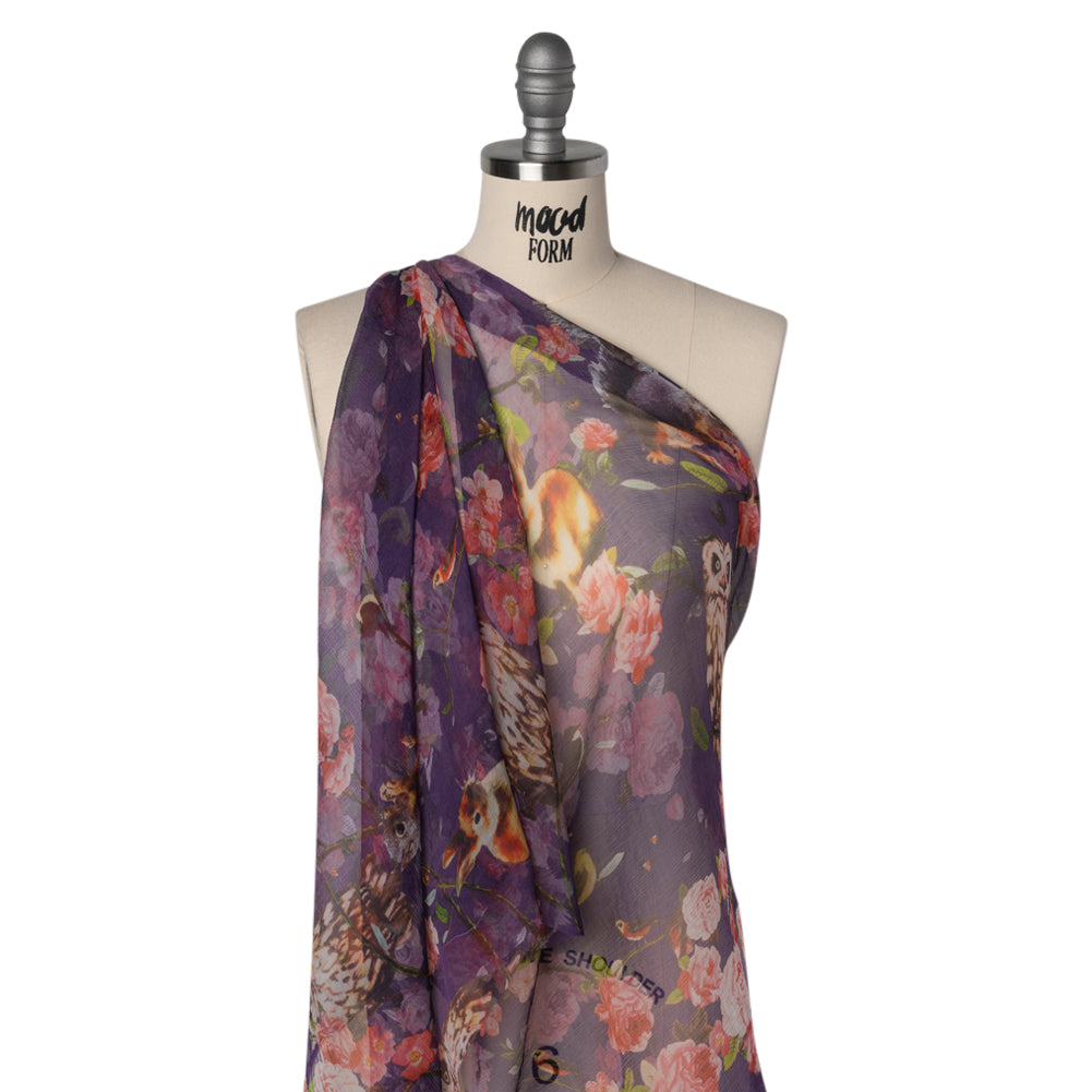 Crinkled Silk Chiffon Print - Purple, Pink and Beige Florals with Owls, Squirrels and Rabbits - Deadstock Crinkled Silk Chiffon Print - Purple, Pink and Beige Florals with Owls, Squirrels and Rabbits - Deadstock