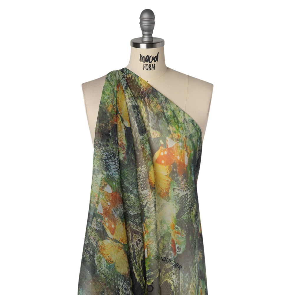 Crinkled Silk Chiffon Print - Dark Green, Yellow and Orange Butterflies and Snakeskin - Deadstock - Drape Crinkled Silk Chiffon Print - Dark Green, Yellow and Orange Butterflies and Snakeskin - Deadstock - Drape