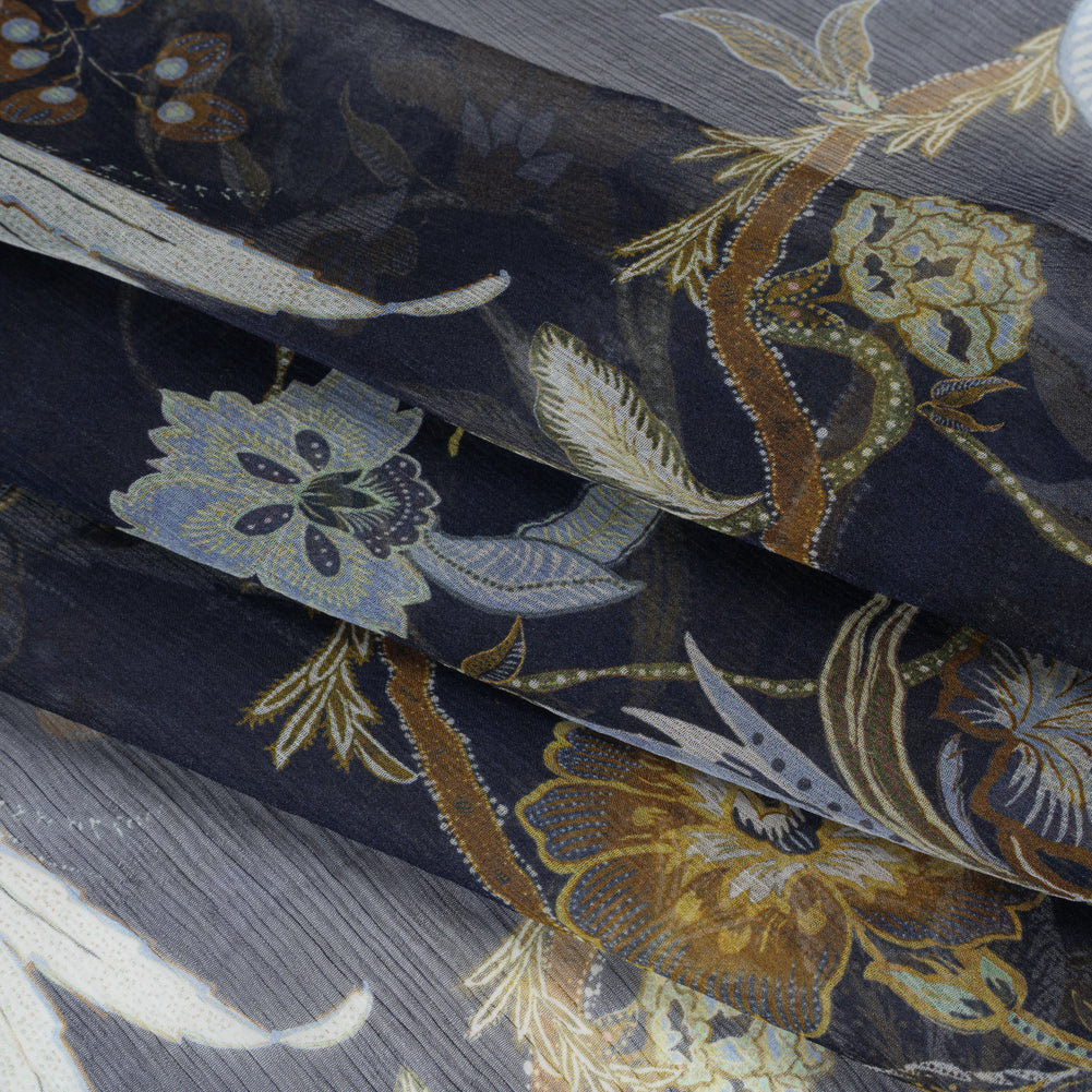 Crinkled Silk Chiffon Print - Navy, Brown and Yellow Classical Floral with Birds - Deadstock Crinkled Silk Chiffon Print - Navy, Brown and Yellow Classical Floral with Birds - Deadstock