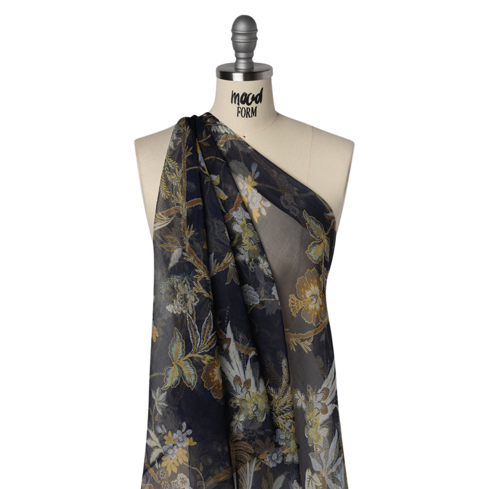 Crinkled Silk Chiffon Print - Navy, Brown and Yellow Classical Floral with Birds - Deadstock Crinkled Silk Chiffon Print - Navy, Brown and Yellow Classical Floral with Birds - Deadstock