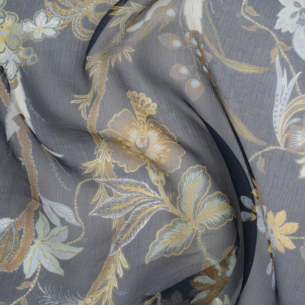 Crinkled Silk Chiffon Print - Navy, Brown and Yellow Classical Floral with Birds - Deadstock Crinkled Silk Chiffon Print - Navy, Brown and Yellow Classical Floral with Birds - Deadstock