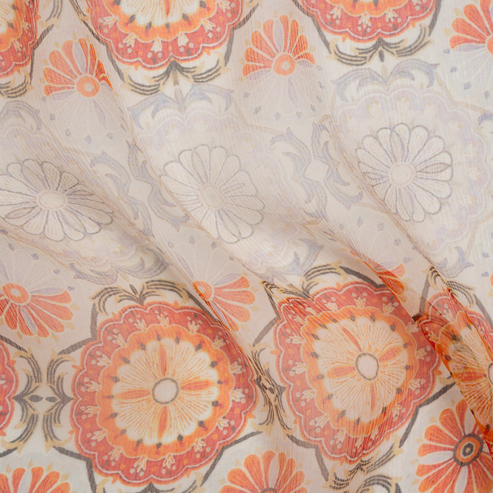 Crinkled Silk Chiffon Print - Orange, Red and Pale Lilac Floral Stripes - Deadstock Crinkled Silk Chiffon Print - Orange, Red and Pale Lilac Floral Stripes - Deadstock