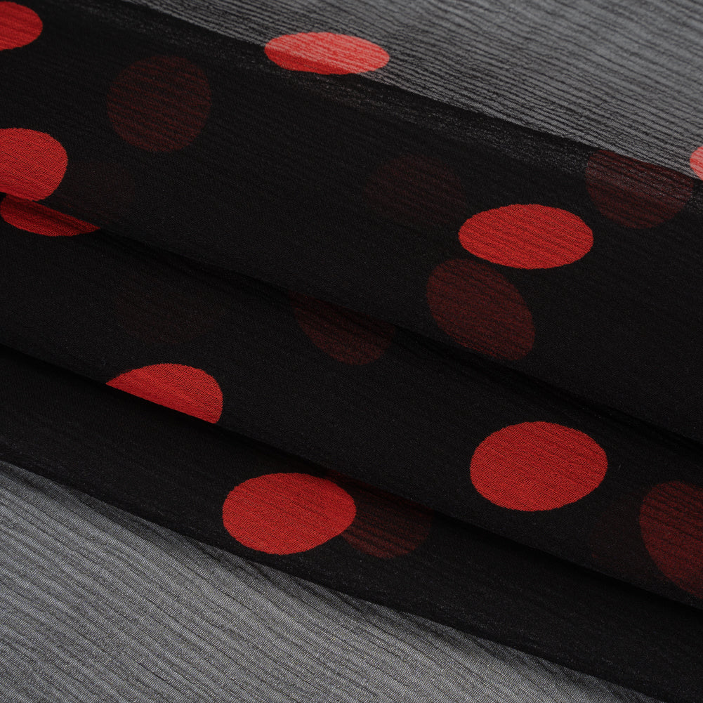 Crinkled Silk Chiffon Print - Black and Red Polka Dots - Deadstock Crinkled Silk Chiffon Print - Black and Red Polka Dots - Deadstock