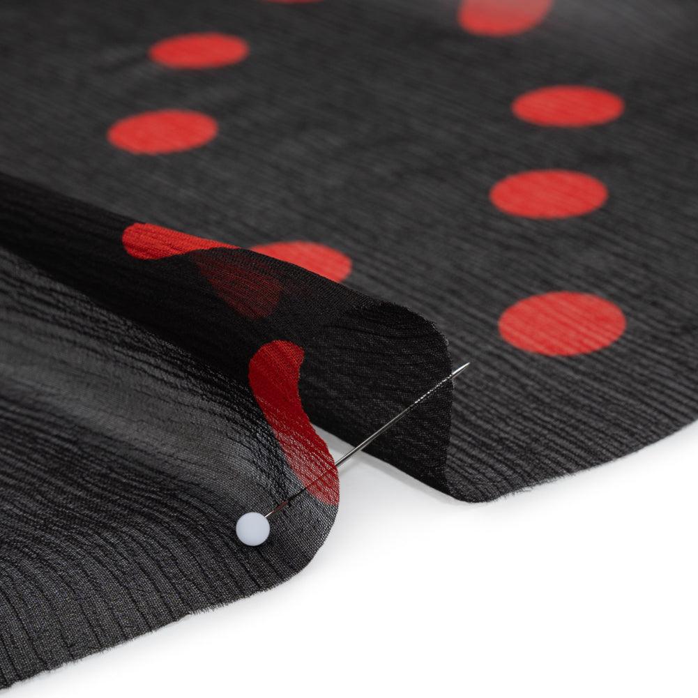 Crinkled Silk Chiffon Print - Black and Red Polka Dots - Deadstock Crinkled Silk Chiffon Print - Black and Red Polka Dots - Deadstock
