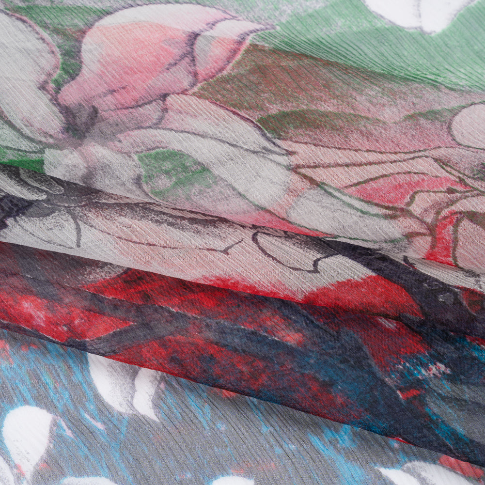 Crinkled Silk Chiffon Print - Gray, Red and Green Lily Floral and Brushstrokes - Deadstock - Folded Crinkled Silk Chiffon Print - Gray, Red and Green Lily Floral and Brushstrokes - Deadstock - Folded