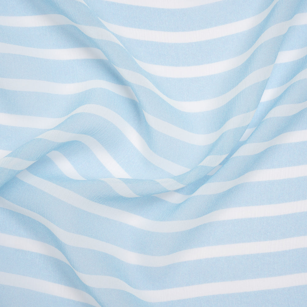 Crinkled Silk Chiffon Print - Sky Blue and White Horizontal Stripes - Deadstock Crinkled Silk Chiffon Print - Sky Blue and White Horizontal Stripes - Deadstock