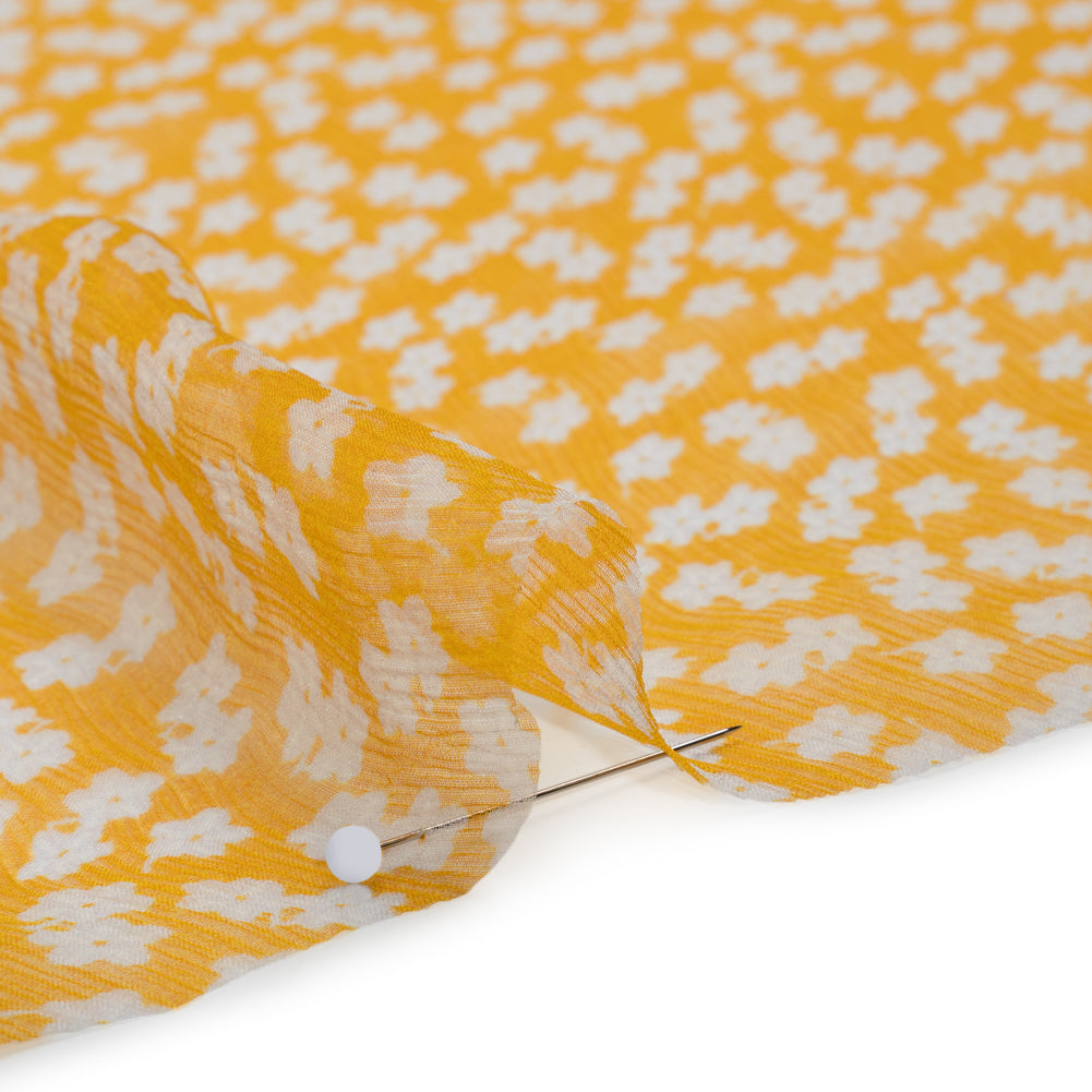 Crinkled Silk Chiffon Print - Golden Yellow and White Daisy Ditsy - Deadstock Crinkled Silk Chiffon Print - Golden Yellow and White Daisy Ditsy - Deadstock