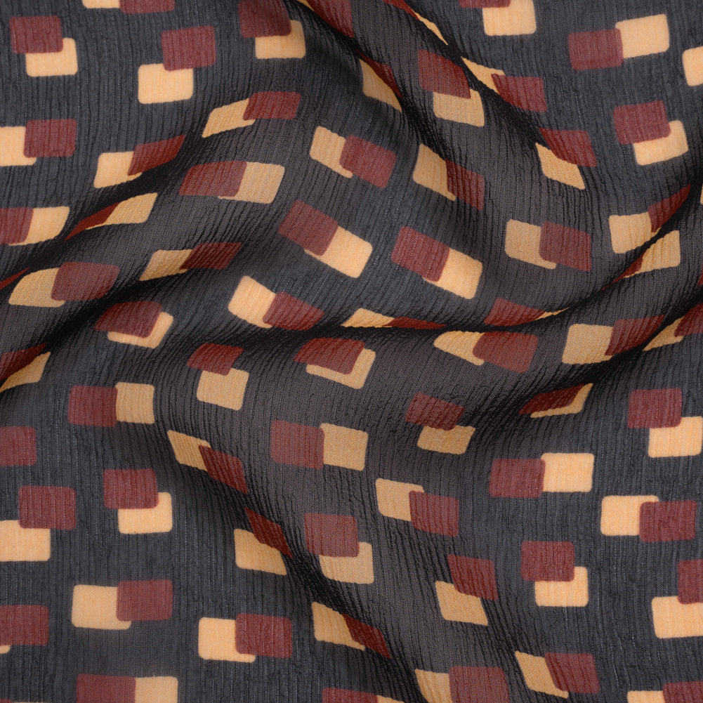 Crinkled Silk Chiffon Print - Black, Burgundy and Beige Overlapping Rectangles - Deadstock Crinkled Silk Chiffon Print - Black, Burgundy and Beige Overlapping Rectangles - Deadstock
