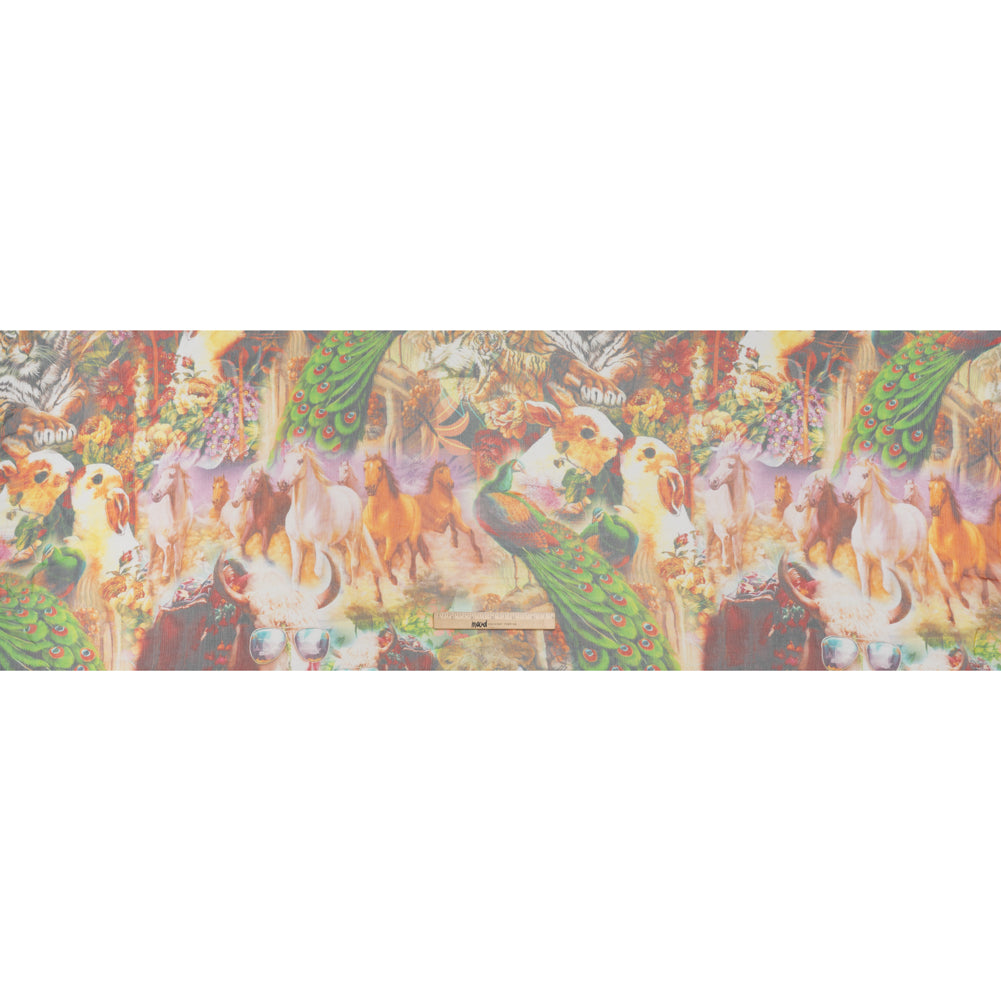 Crinkled Silk Chiffon Print - Green, Gold, and Red Flowers and Animals - Deadstock Crinkled Silk Chiffon Print - Green, Gold, and Red Flowers and Animals - Deadstock
