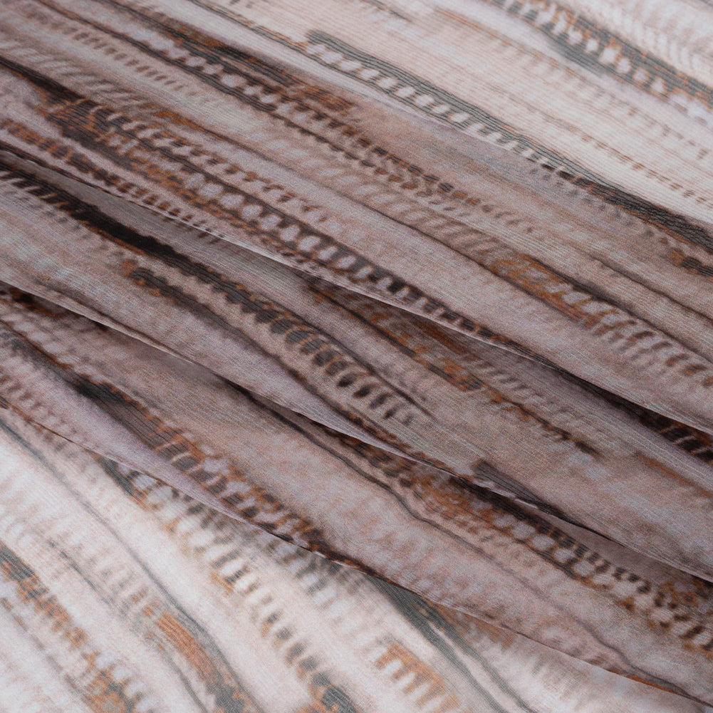 Crinkled Silk Chiffon Print - Lilac Gray, Brown and Black Feathery Stripes - Deadstock Crinkled Silk Chiffon Print - Lilac Gray, Brown and Black Feathery Stripes - Deadstock