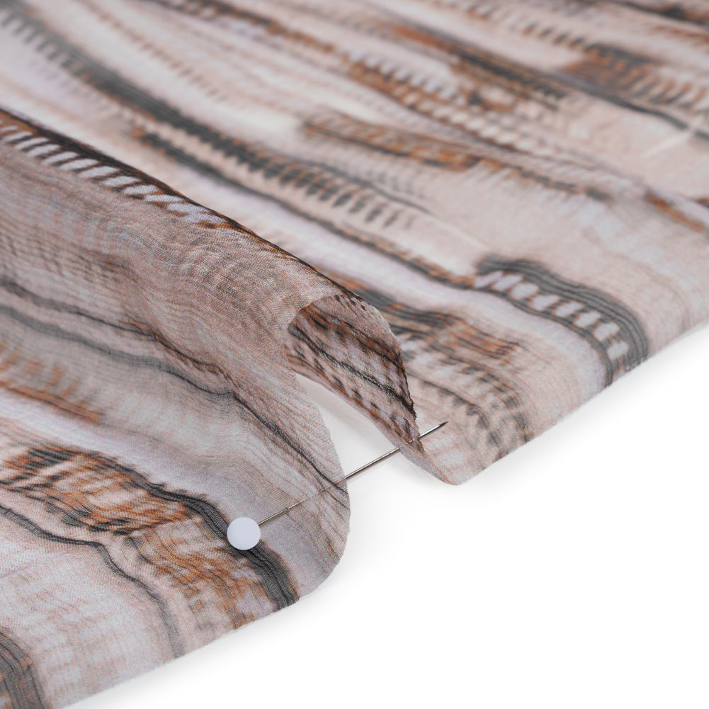 Crinkled Silk Chiffon Print - Lilac Gray, Brown and Black Feathery Stripes - Deadstock Crinkled Silk Chiffon Print - Lilac Gray, Brown and Black Feathery Stripes - Deadstock