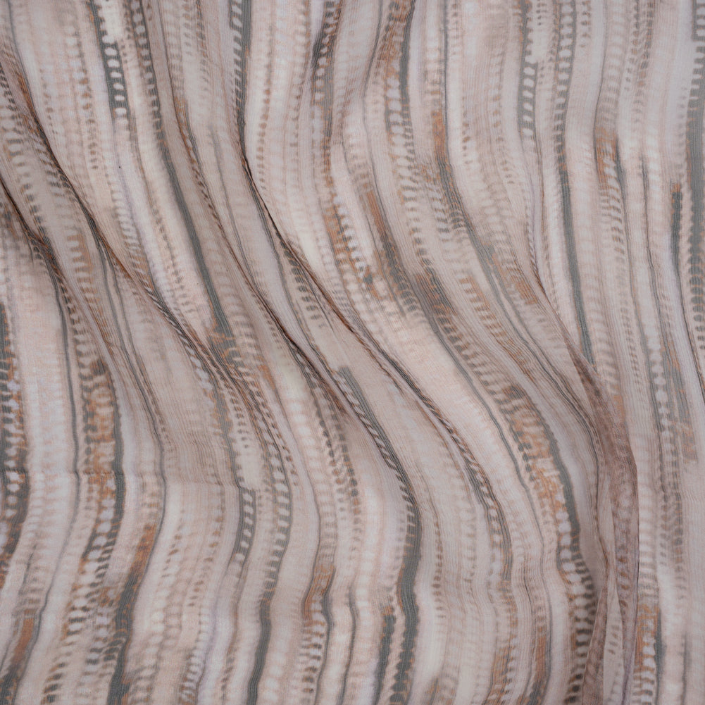 Crinkled Silk Chiffon Print - Lilac Gray, Brown and Black Feathery Stripes - Deadstock Crinkled Silk Chiffon Print - Lilac Gray, Brown and Black Feathery Stripes - Deadstock