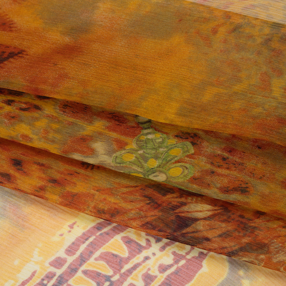 Crinkled Silk Chiffon Print - Golden Orange, Brown and Lime Green Abstract and Medallions - Deadstock - Folded Crinkled Silk Chiffon Print - Golden Orange, Brown and Lime Green Abstract and Medallions - Deadstock - Folded