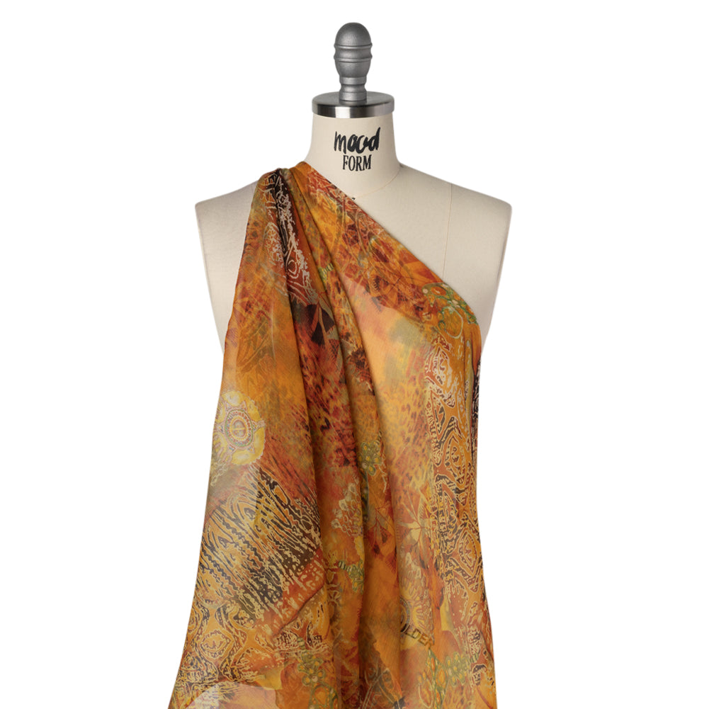 Crinkled Silk Chiffon Print - Golden Orange, Brown and Lime Green Abstract and Medallions - Deadstock - Drape Crinkled Silk Chiffon Print - Golden Orange, Brown and Lime Green Abstract and Medallions - Deadstock - Drape