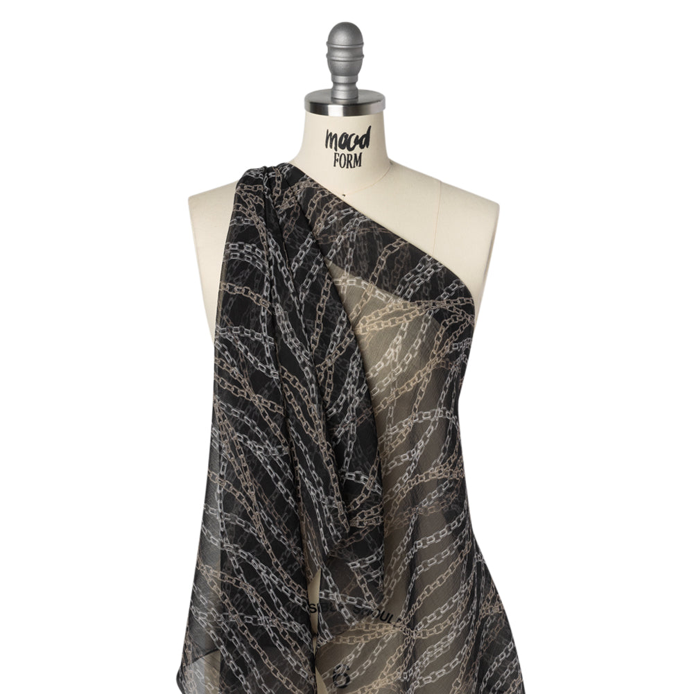 Crinkled Silk Chiffon Print - Black and Silver Chains - Deadstock Crinkled Silk Chiffon Print - Black and Silver Chains - Deadstock