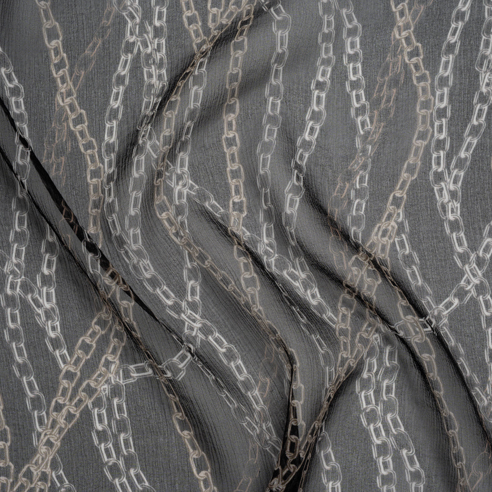 Crinkled Silk Chiffon Print - Black and Silver Chains - Deadstock Crinkled Silk Chiffon Print - Black and Silver Chains - Deadstock