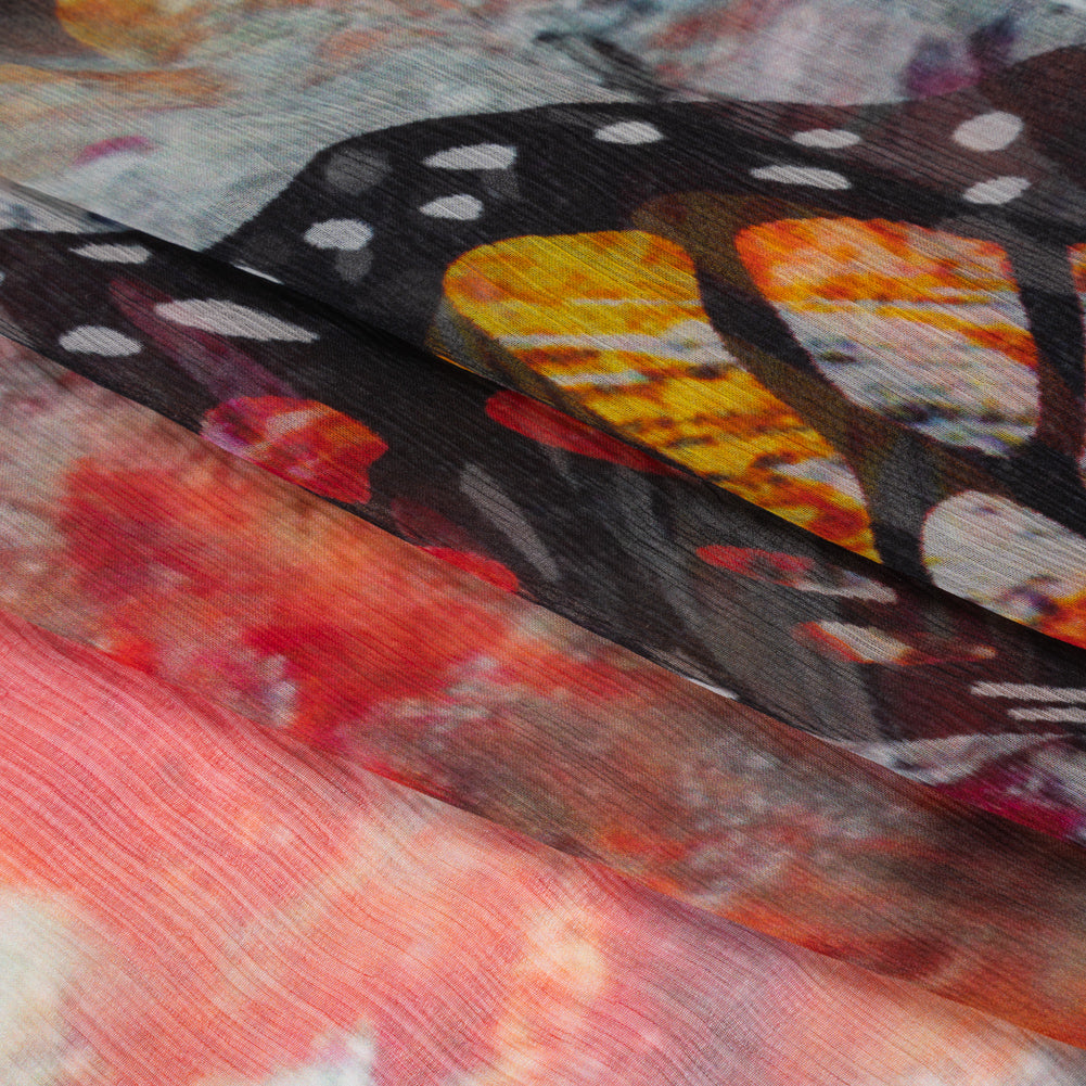 Crinkled Silk Chiffon Print - Red, Black and Yellow Large Butterfly - Deadstock Crinkled Silk Chiffon Print - Red, Black and Yellow Large Butterfly - Deadstock