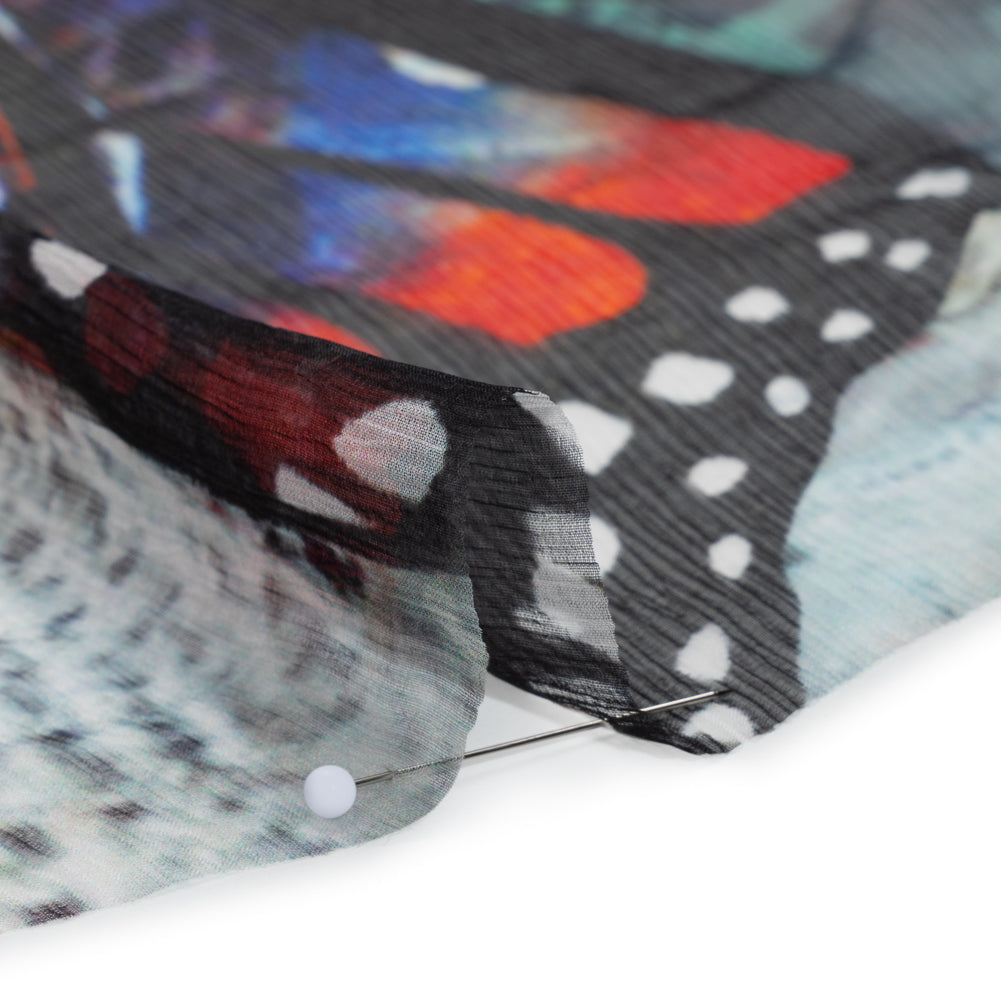 Crinkled Silk Chiffon Print - Red, Black and Yellow Large Butterfly - Deadstock Crinkled Silk Chiffon Print - Red, Black and Yellow Large Butterfly - Deadstock