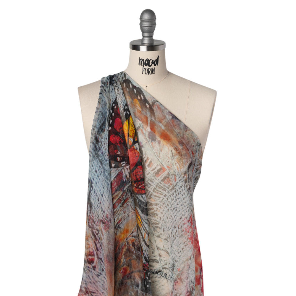 Crinkled Silk Chiffon Print - Red, Black and Yellow Large Butterfly - Deadstock Crinkled Silk Chiffon Print - Red, Black and Yellow Large Butterfly - Deadstock
