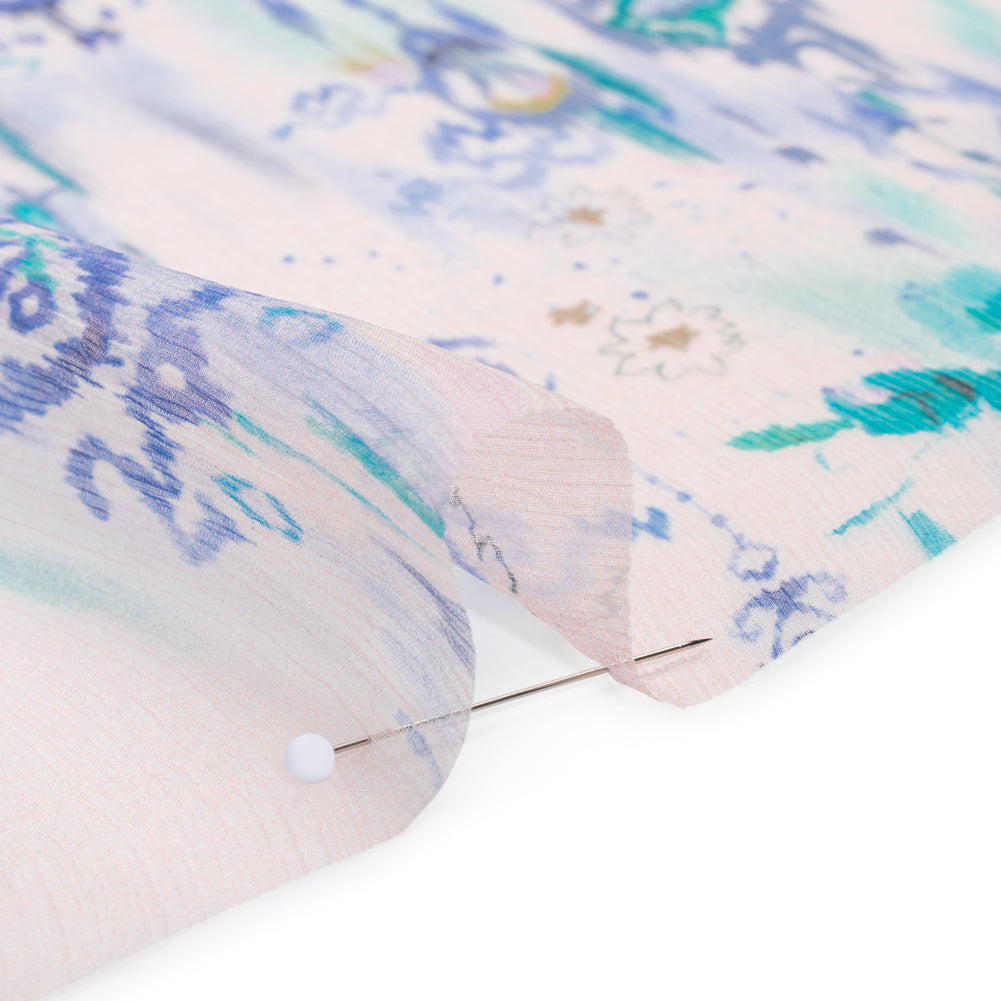 Crinkled Silk Chiffon Print - Pale Pink, Blue and Teal Green Ikat Geometric and Florals - Deadstock Crinkled Silk Chiffon Print - Pale Pink, Blue and Teal Green Ikat Geometric and Florals - Deadstock