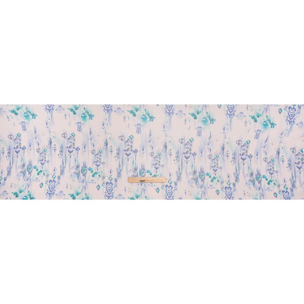 Crinkled Silk Chiffon Print - Pale Pink, Blue and Teal Green Ikat Geometric and Florals - Deadstock Crinkled Silk Chiffon Print - Pale Pink, Blue and Teal Green Ikat Geometric and Florals - Deadstock