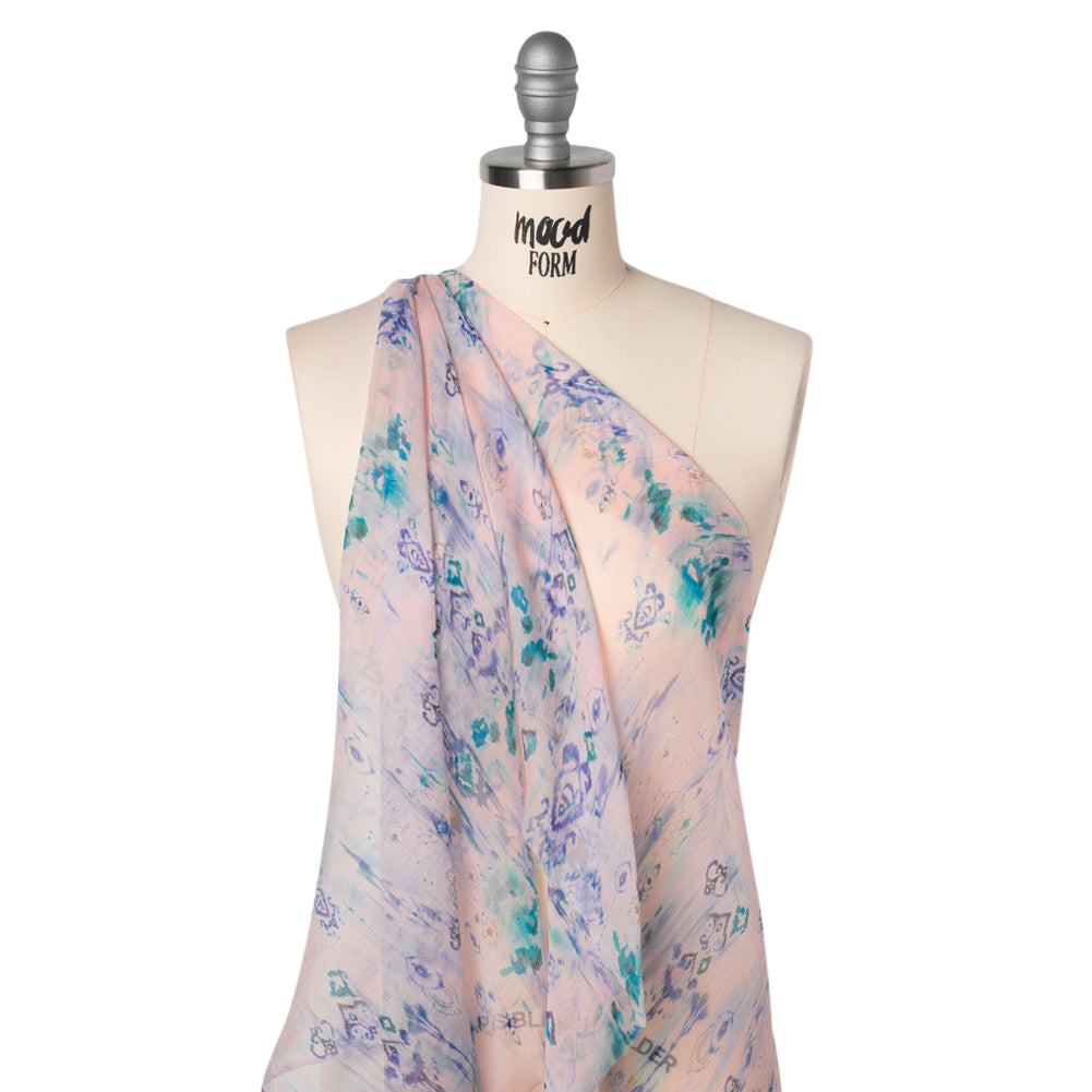 Crinkled Silk Chiffon Print - Pale Pink, Blue and Teal Green Ikat Geometric and Florals - Deadstock Crinkled Silk Chiffon Print - Pale Pink, Blue and Teal Green Ikat Geometric and Florals - Deadstock