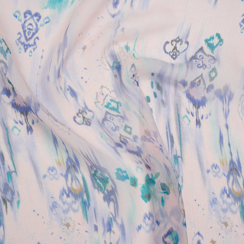 Crinkled Silk Chiffon Print - Pale Pink, Blue and Teal Green Ikat Geometric and Florals - Deadstock Crinkled Silk Chiffon Print - Pale Pink, Blue and Teal Green Ikat Geometric and Florals - Deadstock