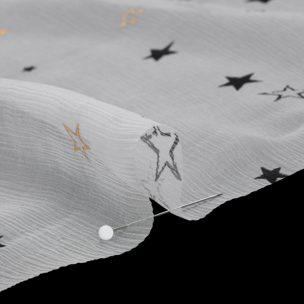 Crinkled Silk Chiffon Print - White, Black and Metallic Gold Stars - Deadstock Crinkled Silk Chiffon Print - White, Black and Metallic Gold Stars - Deadstock