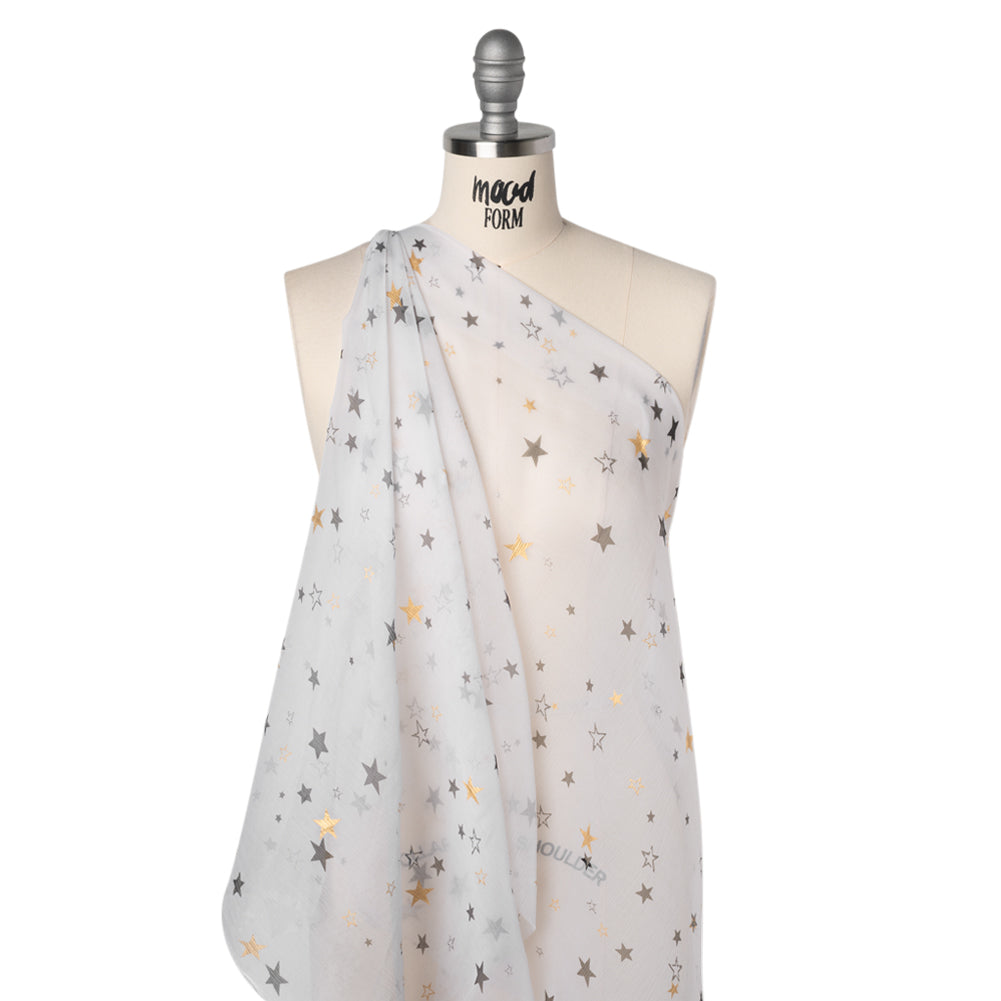 Crinkled Silk Chiffon Print - White, Black and Metallic Gold Stars - Deadstock Crinkled Silk Chiffon Print - White, Black and Metallic Gold Stars - Deadstock