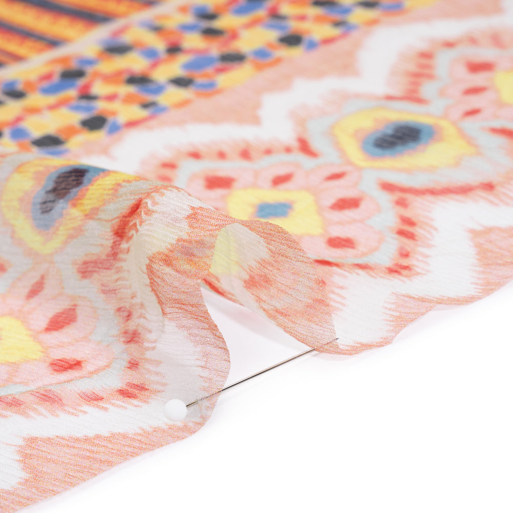 Crinkled Silk Chiffon Panel - Peachy Pink, Blue and Yellow Floral and Peacock Feathers - Deadstock - Detail Crinkled Silk Chiffon Panel - Peachy Pink, Blue and Yellow Floral and Peacock Feathers - Deadstock - Detail