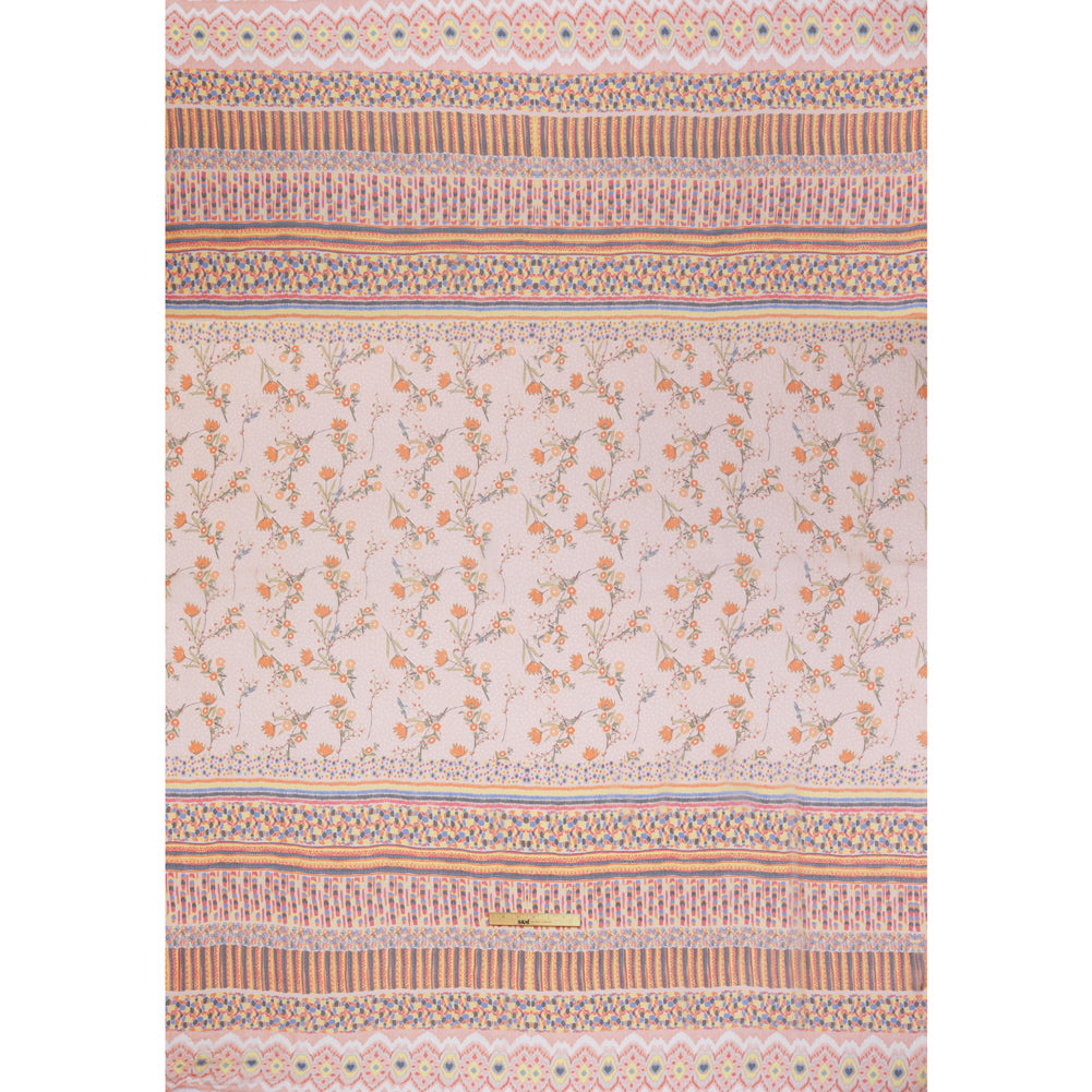 Crinkled Silk Chiffon Panel - Peachy Pink, Blue and Yellow Floral and Peacock Feathers - Deadstock - Full Crinkled Silk Chiffon Panel - Peachy Pink, Blue and Yellow Floral and Peacock Feathers - Deadstock - Full