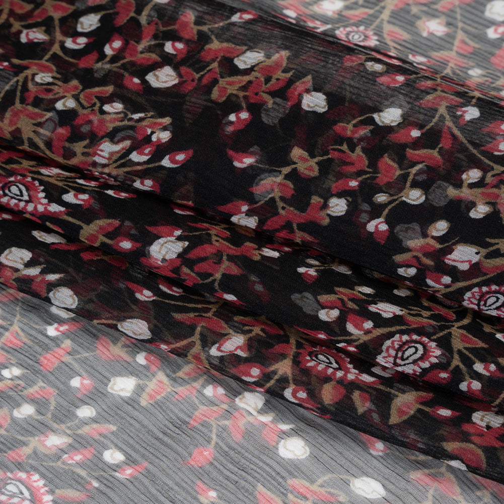 Crinkled Silk Chiffon Print - Red, Brown and Black Paisley and Budding Vines - Deadstock Crinkled Silk Chiffon Print - Red, Brown and Black Paisley and Budding Vines - Deadstock