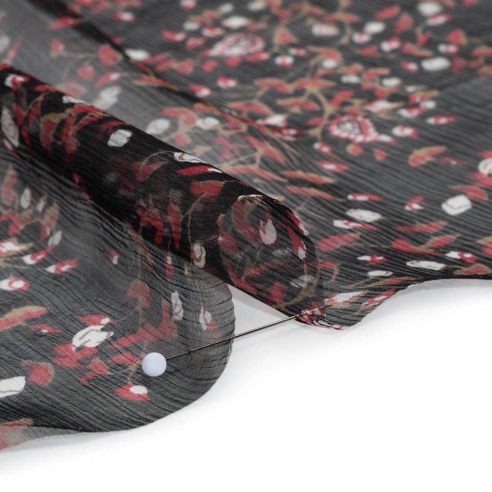Crinkled Silk Chiffon Print - Red, Brown and Black Paisley and Budding Vines - Deadstock Crinkled Silk Chiffon Print - Red, Brown and Black Paisley and Budding Vines - Deadstock