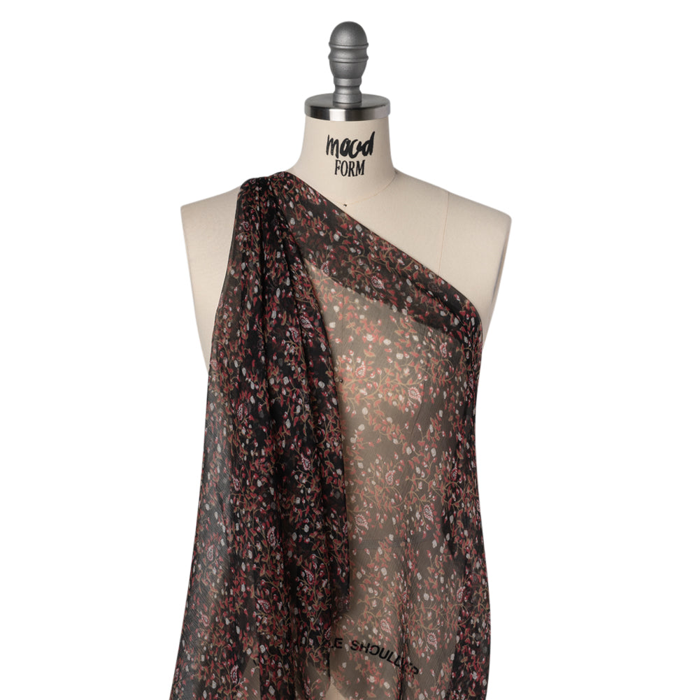 Crinkled Silk Chiffon Print - Red, Brown and Black Paisley and Budding Vines - Deadstock Crinkled Silk Chiffon Print - Red, Brown and Black Paisley and Budding Vines - Deadstock