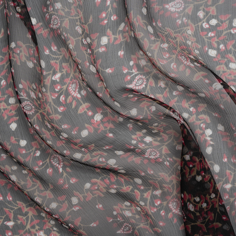 Crinkled Silk Chiffon Print - Red, Brown and Black Paisley and Budding Vines - Deadstock Crinkled Silk Chiffon Print - Red, Brown and Black Paisley and Budding Vines - Deadstock