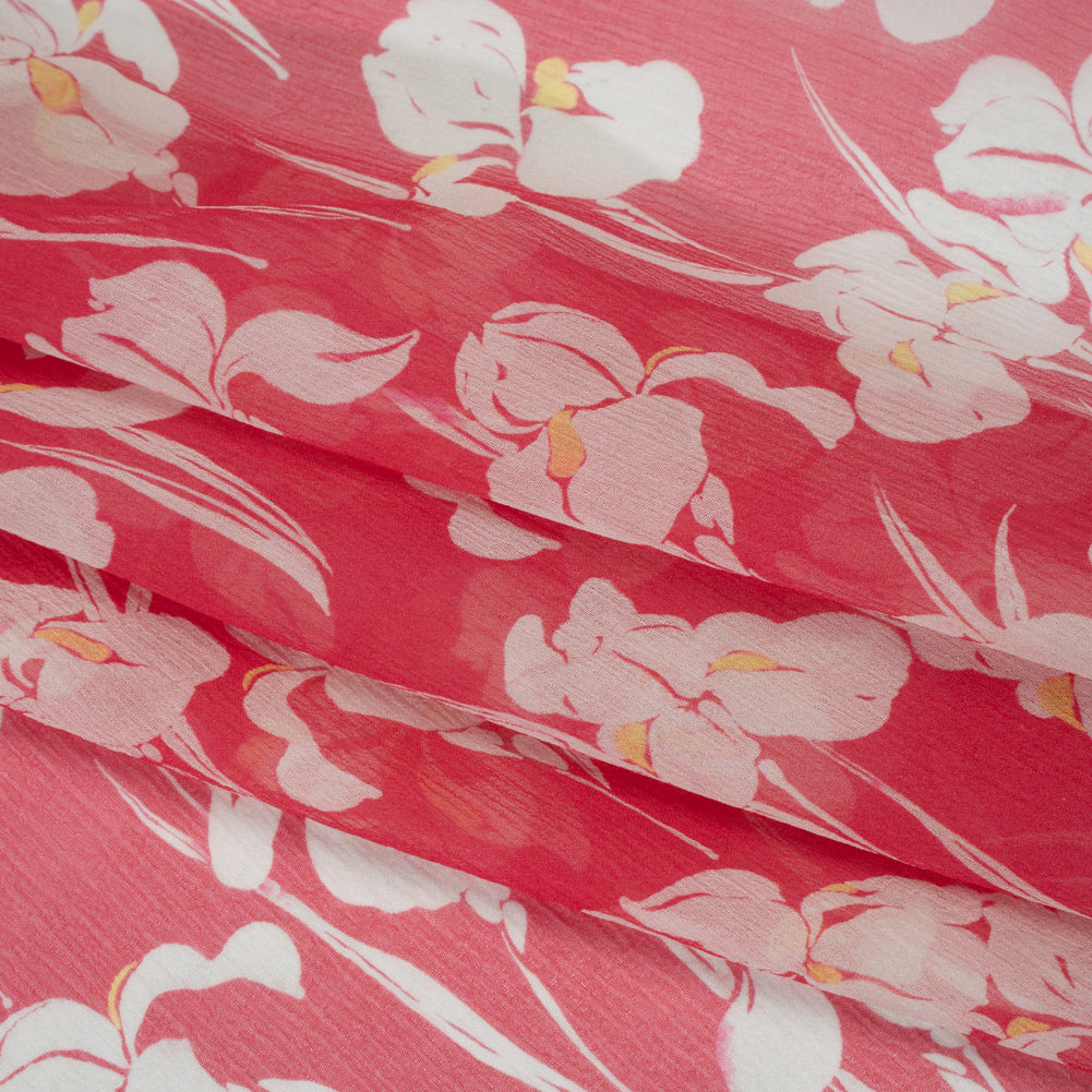 Crinkled Silk Chiffon - White, Yellow, and Dark Pink Orchids - Deadstock Crinkled Silk Chiffon - White, Yellow, and Dark Pink Orchids - Deadstock