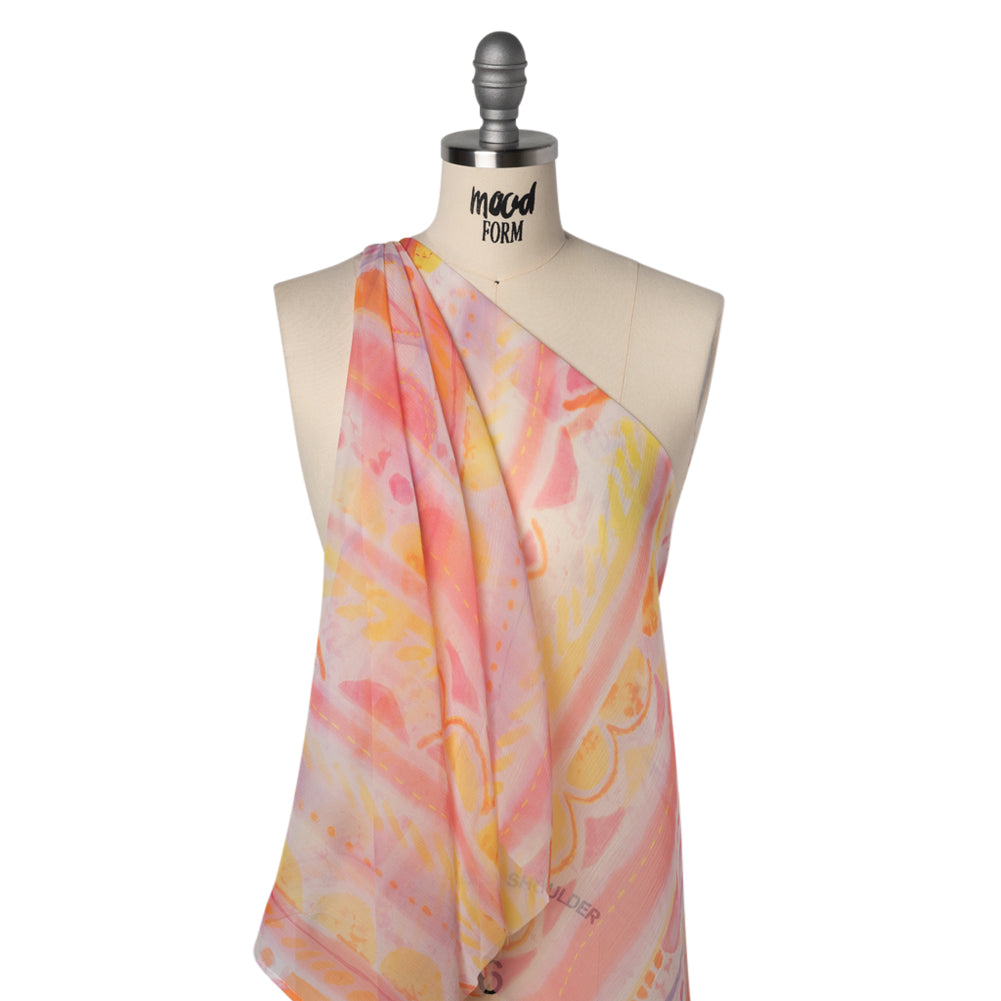 Crinkled Silk Chiffon Print - Pink, Pale Purple and Yellow Painterly Geometric Stripes - Deadstock Crinkled Silk Chiffon Print - Pink, Pale Purple and Yellow Painterly Geometric Stripes - Deadstock