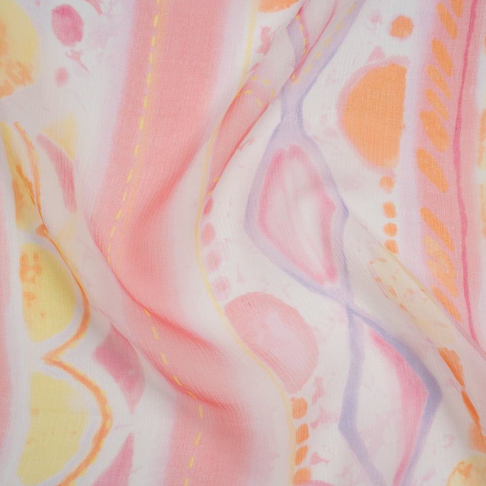 Crinkled Silk Chiffon Print - Pink, Pale Purple and Yellow Painterly Geometric Stripes - Deadstock Crinkled Silk Chiffon Print - Pink, Pale Purple and Yellow Painterly Geometric Stripes - Deadstock