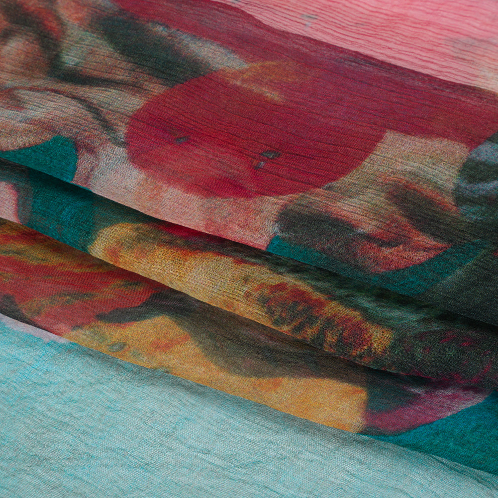 Crinkled Silk Chiffon Print - Dark Teal, Green and Red Abstract Florals - Deadstock Crinkled Silk Chiffon Print - Dark Teal, Green and Red Abstract Florals - Deadstock