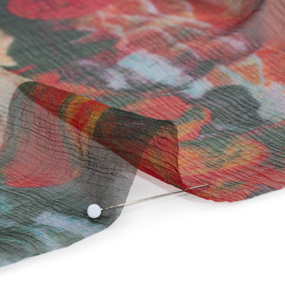 Crinkled Silk Chiffon Print - Dark Teal, Green and Red Abstract Florals - Deadstock Crinkled Silk Chiffon Print - Dark Teal, Green and Red Abstract Florals - Deadstock